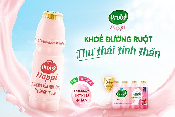 Sản phẩm sữa chua uống men sống Probi Happi của Vinamilk chứa hàng tỷ lợi khuẩn L.Casei 431TM và bổ sung L-5-Hydroxytryptophan giúp khỏe đường ruột - thư thái tinh thần.