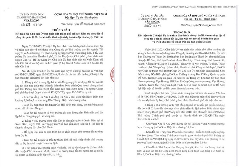 Thông báo kết luận của UBND Thành phố về công tác quản lý tài sản đất đai trên địa bàn quận Đồ Sơn và huyện Cát Hải