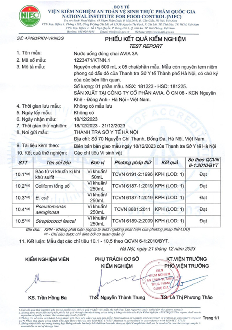 Kết quả kiểm nghiệm nước AVIA 3A của Thanh tra Sở Y tế cho thấy mẫu thử đạt tiêu chuẩn về vi khuẩn kị khí khử Sulfit, Ecoli, Coliform hay Pseudomonas và Streptococci faecal (Ảnh: AVIA).