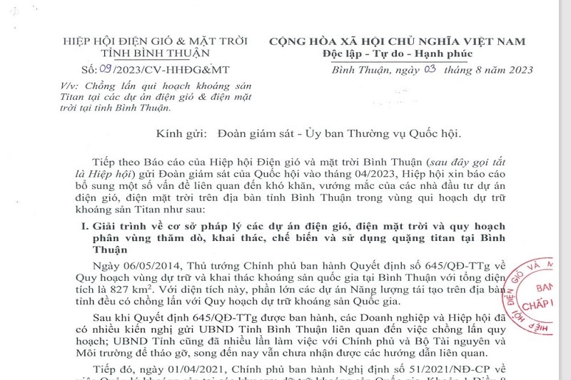 Hiệp hội Điện gió và mặt trời Bình Thuận gửi công văn đề xuất Đoàn giám sát của Quốc hội xem xét, đề nghị Chính phủ tháo gỡ vướng mắc cho các dự án điện gió, điện mặt trời tỉnh Bình Thuận.