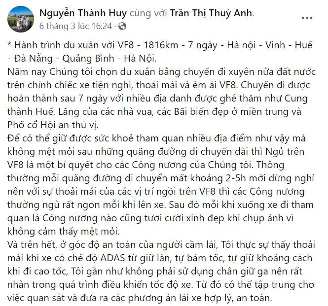 Anh Huy tâm đắc về chuyến du xuân cùng gia đình trên chiếc VF 8 tiện nghi, thoải mái và êm ái (Nguồn ảnh: Facebook Nguyễn Thành Huy). 