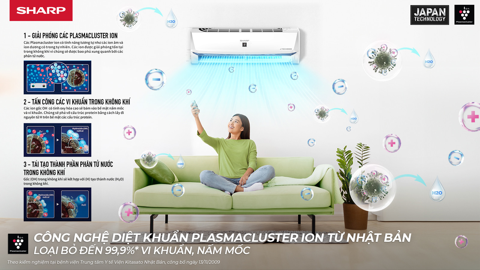 Công nghệ Plasmacluster Ion diệt 99.9% vi khuẩn, nấm mốc