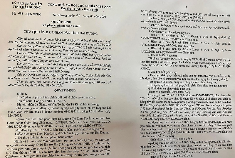Quyết định xử phạt vi phạm hành chính đối với Công ty TNHH CI Vina ở xã Văn Tố (Ảnh: Báo Hải Dương)
