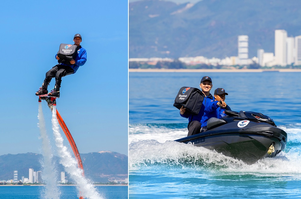 Domino’s Pizza đã khiến nhiều khách hàng thích thú khi hé lộ hình ảnh giao pizza bằng Flyboard (Ván bay) và Jetski (Mô tô nước) trên biển.