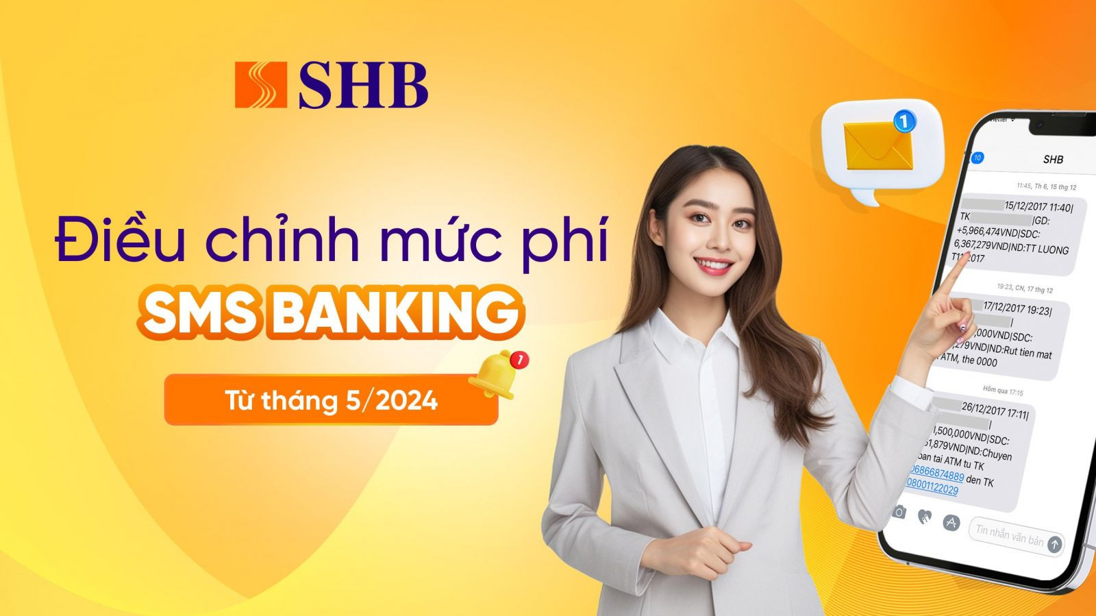 SHB điều chỉnh phí báo biến động số dư qua tin nhắn từ năm tháng 5/2024