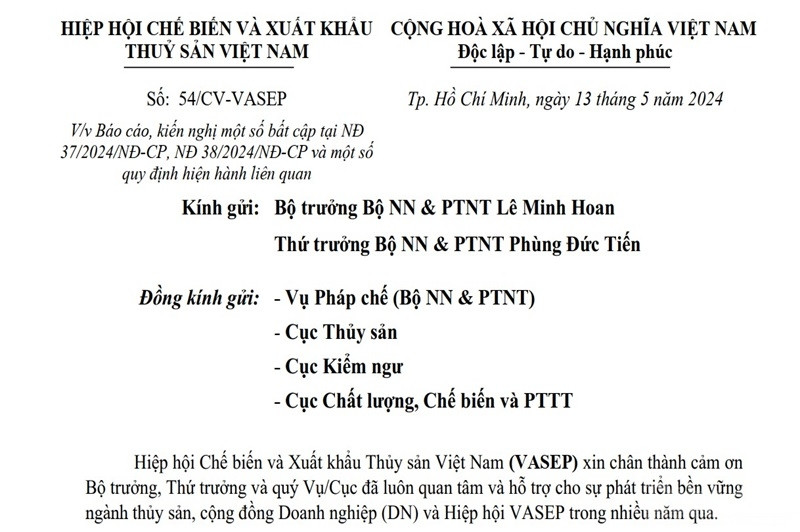 Văn bản của VASEP gửi Bộ Nông nghiệp và phát triển nông thôn về những khó khăn vướng mắc của các chính sách