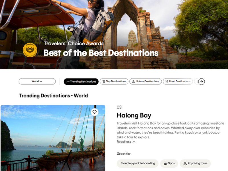 1.Vịnh Hạ Long lọt top đầu danh sách điểm đến thịnh hành top đầu thế giới do TripAdvisor công nhận