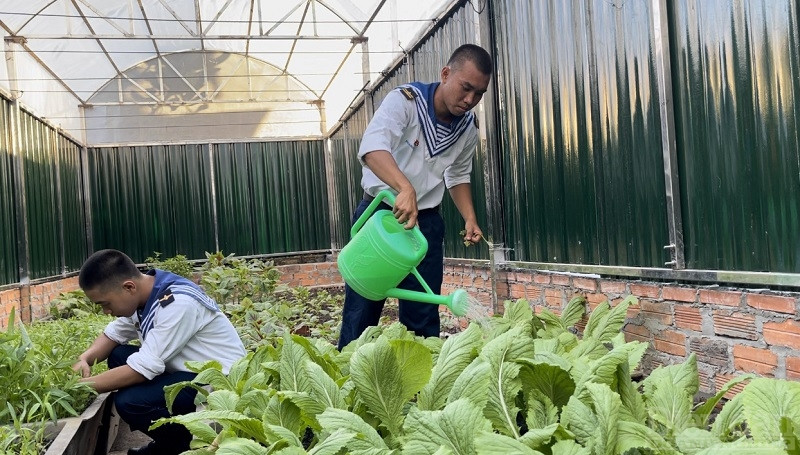 Thiếu tá Nguyễn Văn Nam – Chính trị viên phó đảo An Bang, huyện đảo Trường Sa, tỉnh Khánh Hoà chia sẻ: “Cán bộ chiến sĩ trên đảo An Bang phải lựa chọn những hạt giống rau khoẻ mạnh, đặc biệt phải theo mùa để gieo trồng. Đồng thời, đề cao tinh thần, trách nhiệm của cán bộ chiến sĩ trong quá trình lao động, tăng gia sản xuất và cải thiện đời sống” (Trong ảnh: Chiến sĩ đảo An Bang chăm sóc vườn rau xanh trên đảo)