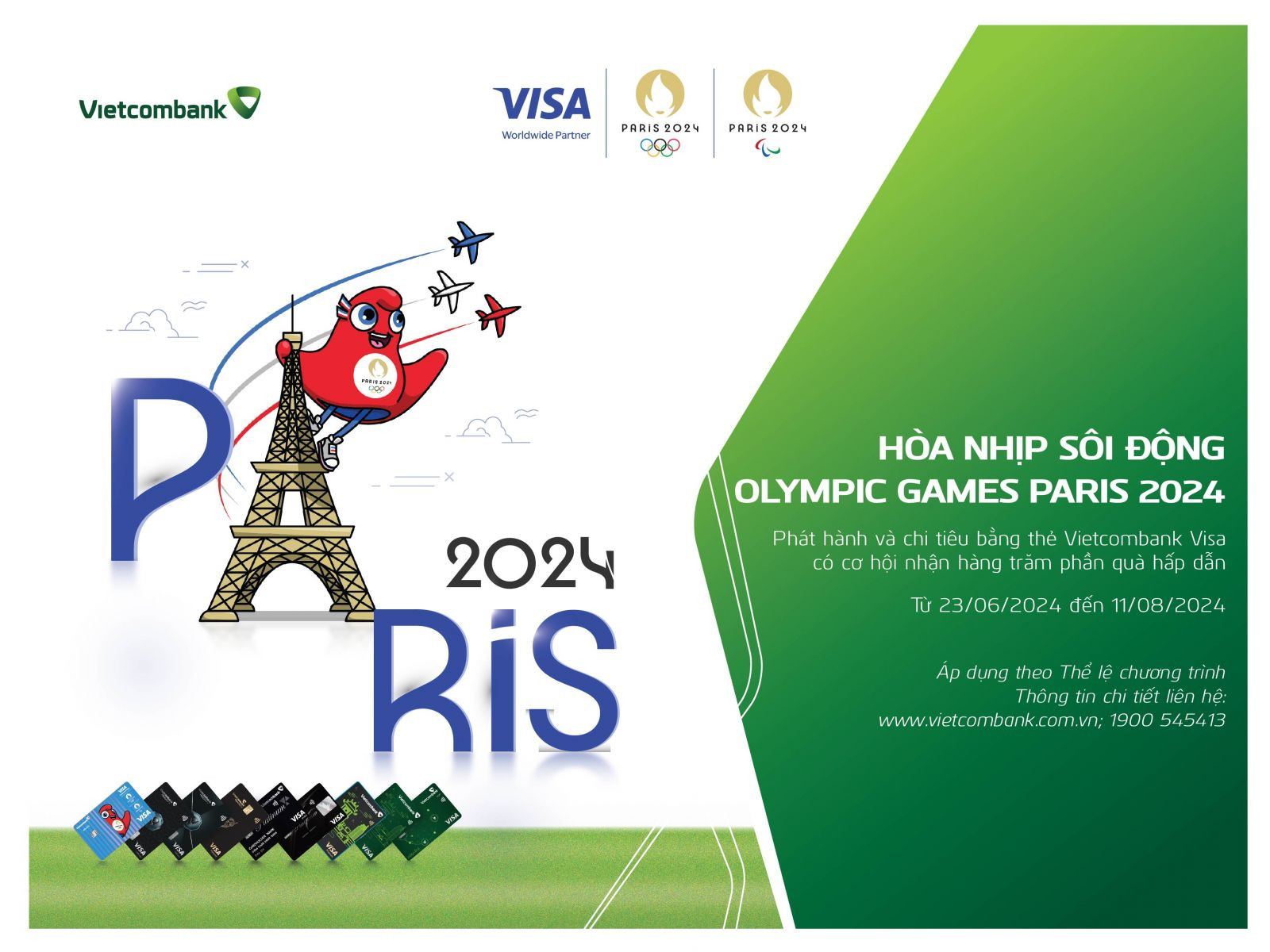 Cùng đồng hành với khách hàng chào đón Olympic Paris 2024, Vietcombank đã triển khai chuỗi hoạt động dành riêng cho chủ thẻ Vietcombank Visa, mang đến một mùa hè Olympic Paris 2024 sôi động.