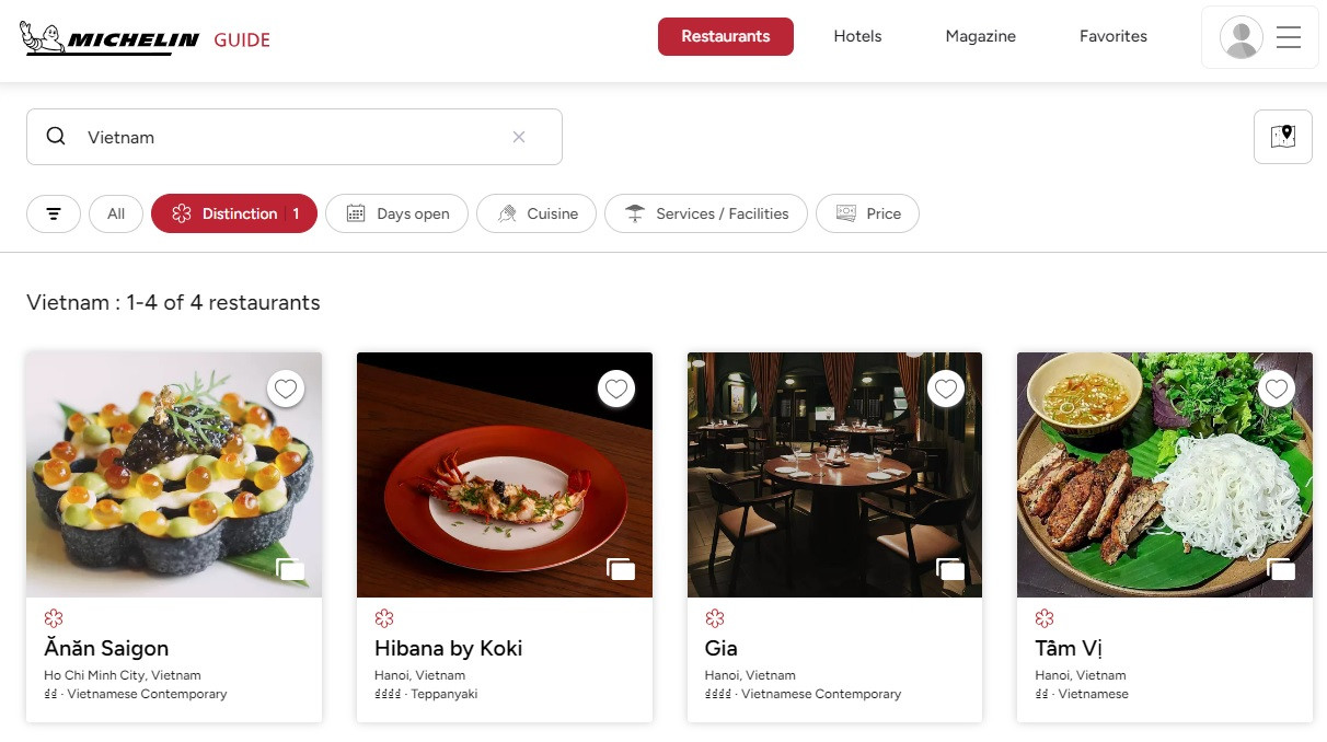 Cẩm nang Michelin Việt Nam năm 2023 vinh danh bốn nhà hàng với một sao Michelin. (Hình: guide.michelin.com)
