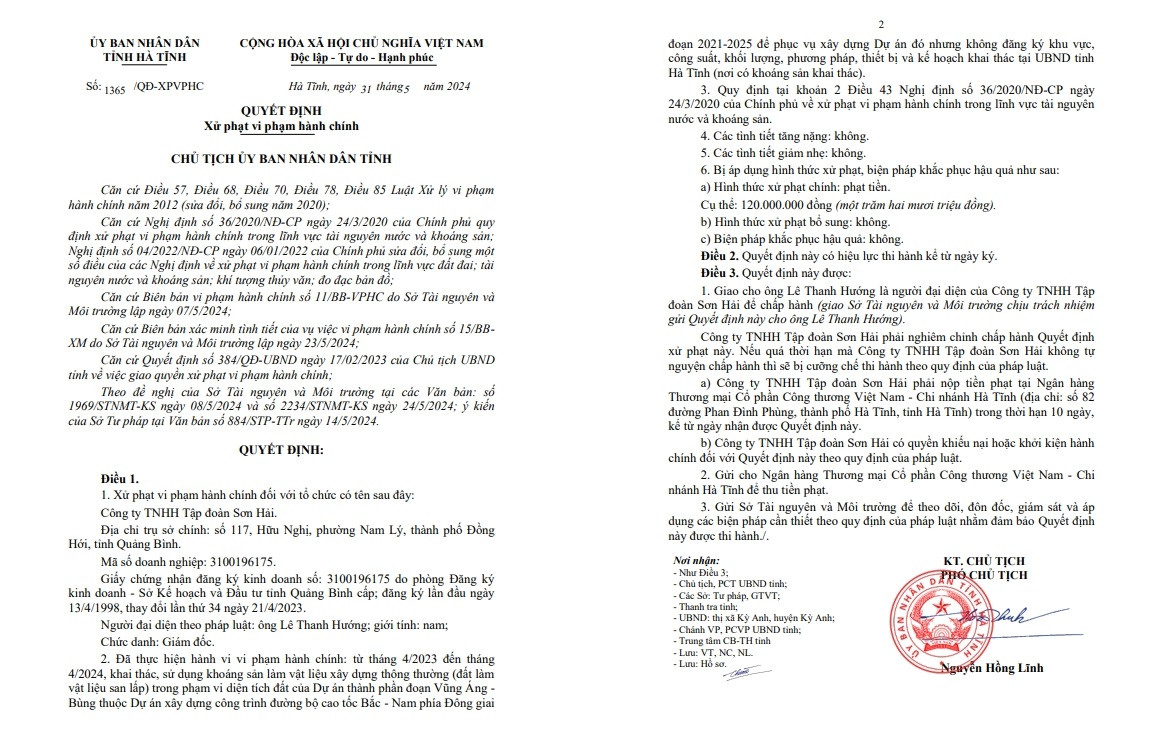 chính quyền tỉnh Hà Tĩnh đã quyết định xử phạt hành chính đối với Công ty TNHH Tập đoàn Sơn Hải, với số tiền 120 triệu đồng