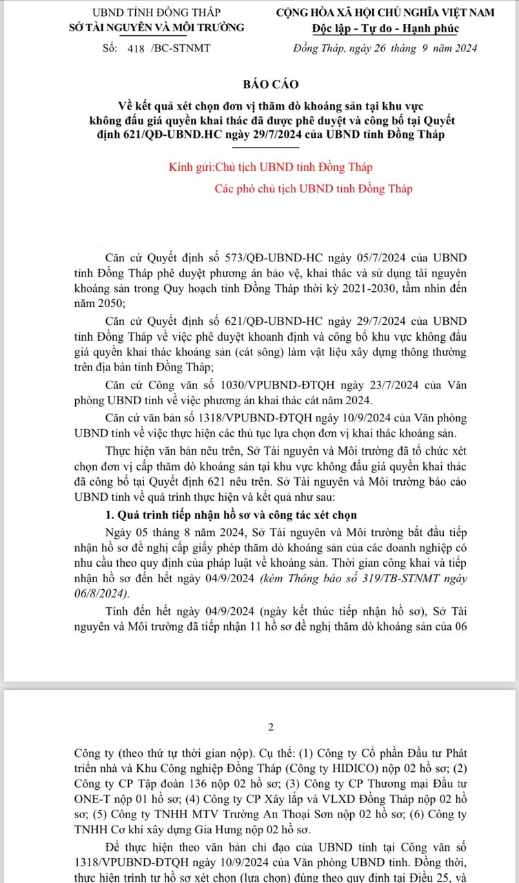 Văn bản của Sở Tài nguyên và Môi trường tỉnh Đồng Tháp.