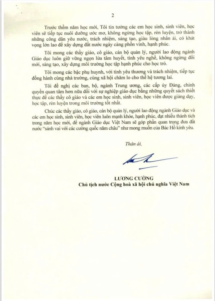 Thư của Chủ tịch nước Lương Cường gửi ngành Giáo dục nhân dịp khai giảng năm học 2025-2026