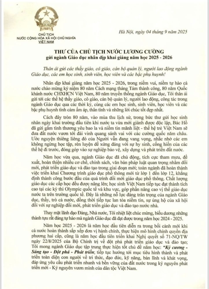 Thư của Chủ tịch nước Lương Cường gửi ngành Giáo dục nhân dịp khai giảng năm học 2025-2026