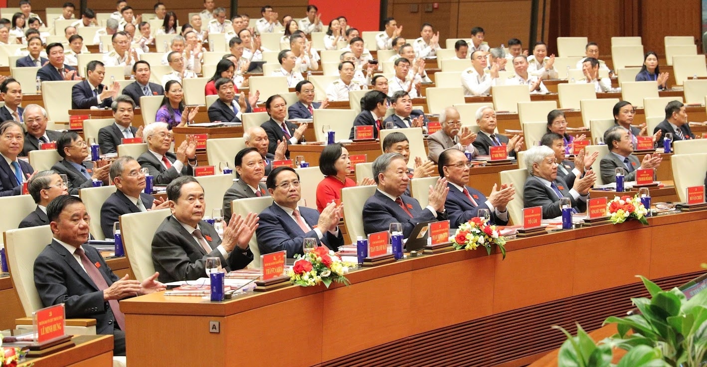 Tổng Bí thư Tô Lâm; lãnh đạo, nguyên lãnh đạo Đảng, Nhà nước và các đại biểu dự Đại hội. Ảnh: Hồ Long