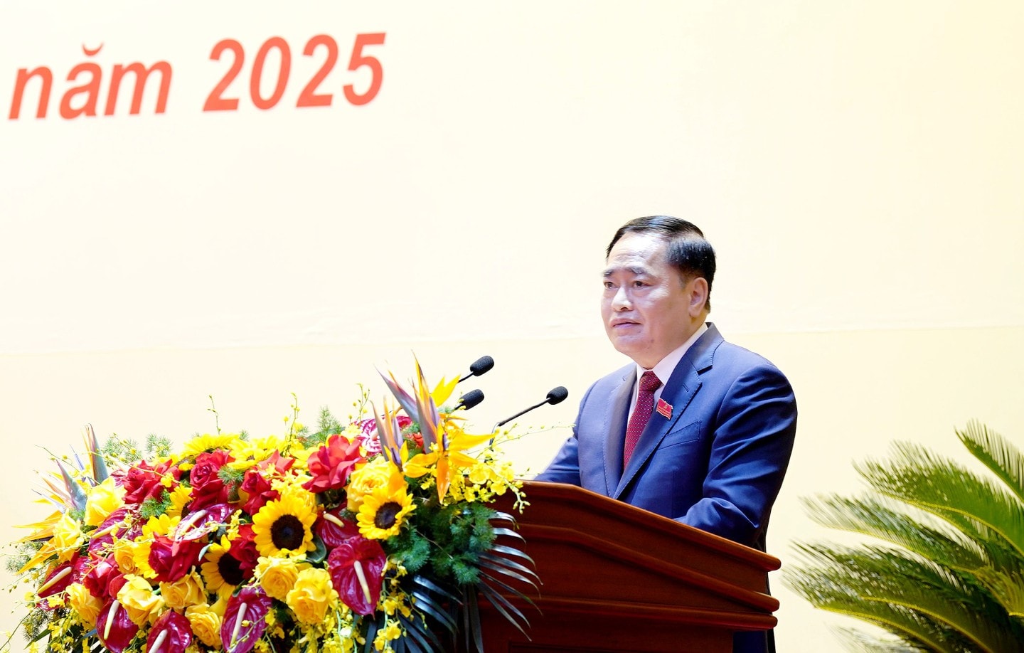 Đồng chí Hồ Tiến Thiệu, Phó Bí thư Tỉnh ủy, Chủ tịch UBND tỉnh trình bày báo cáo chính trị của Ban Chấp hành Đảng bộ tỉnh khóa XVII trình đại hội