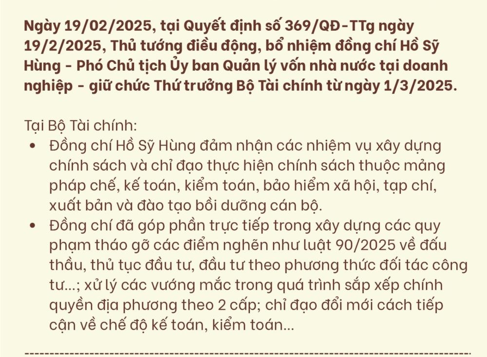 Thứ trưởng Bộ Tài chính Hồ Sỹ Hùng được điều động làm Bí thư Đảng uỷ VCCI