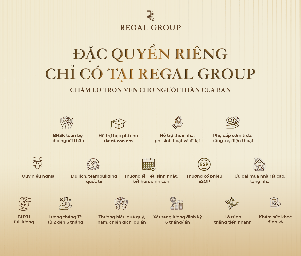 Tại Regal Group, môi trường làm việc được xây dựng từ sự thấu hiểu, sẻ chia. Ở đó, hạnh phúc, giá trị của mỗi cá nhân và mục tiêu tổ chức luôn song hành.