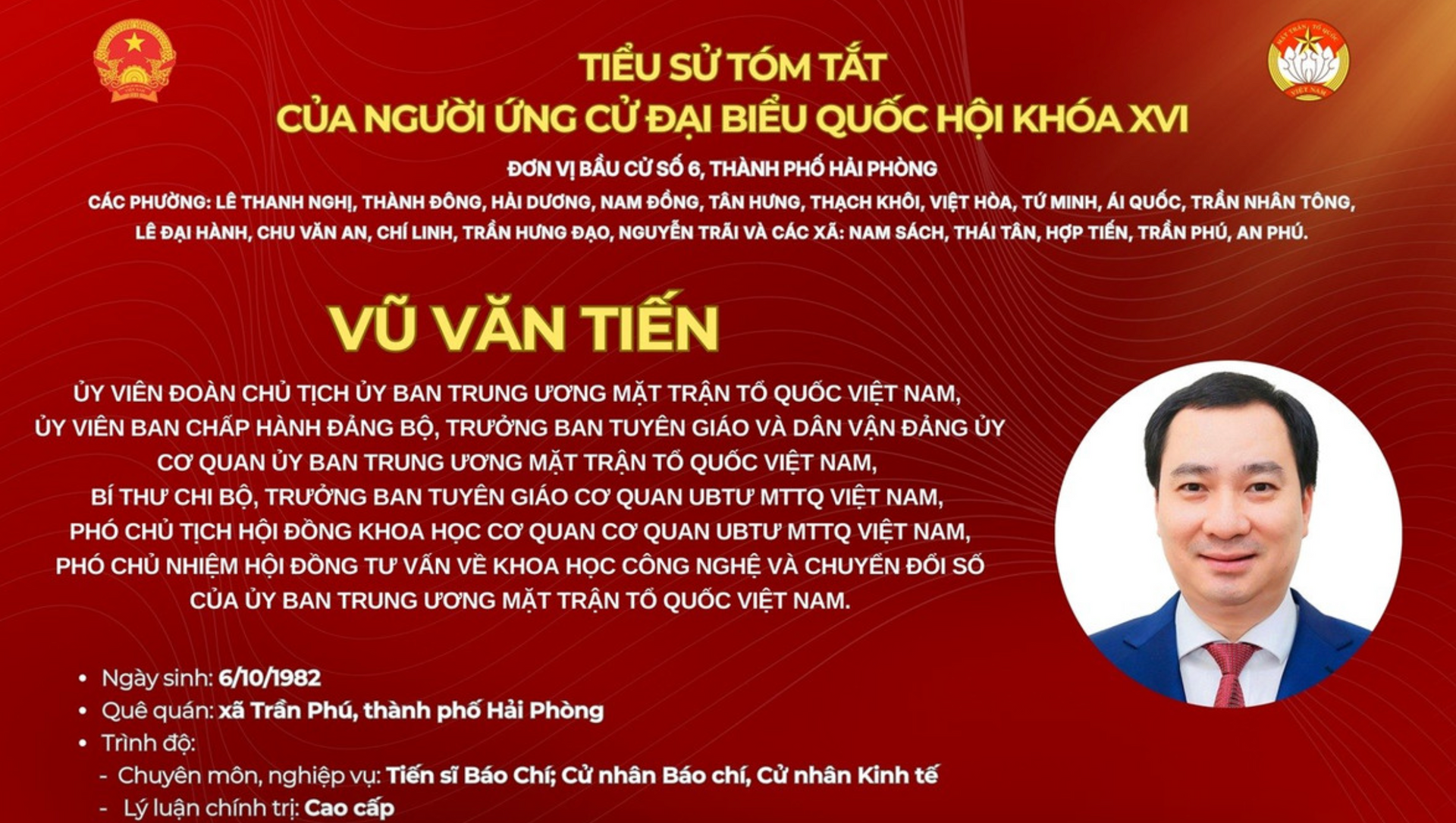 Tiểu sử ông Vũ Văn Tiến ứng cử ĐBQH khoá XVI