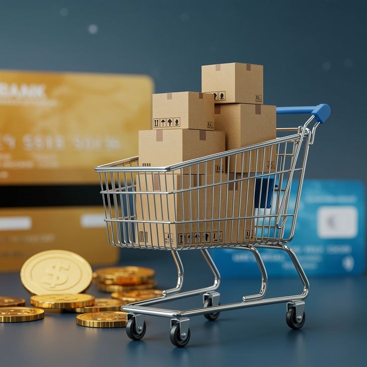 A shopping cart filled with credit cards and gifts