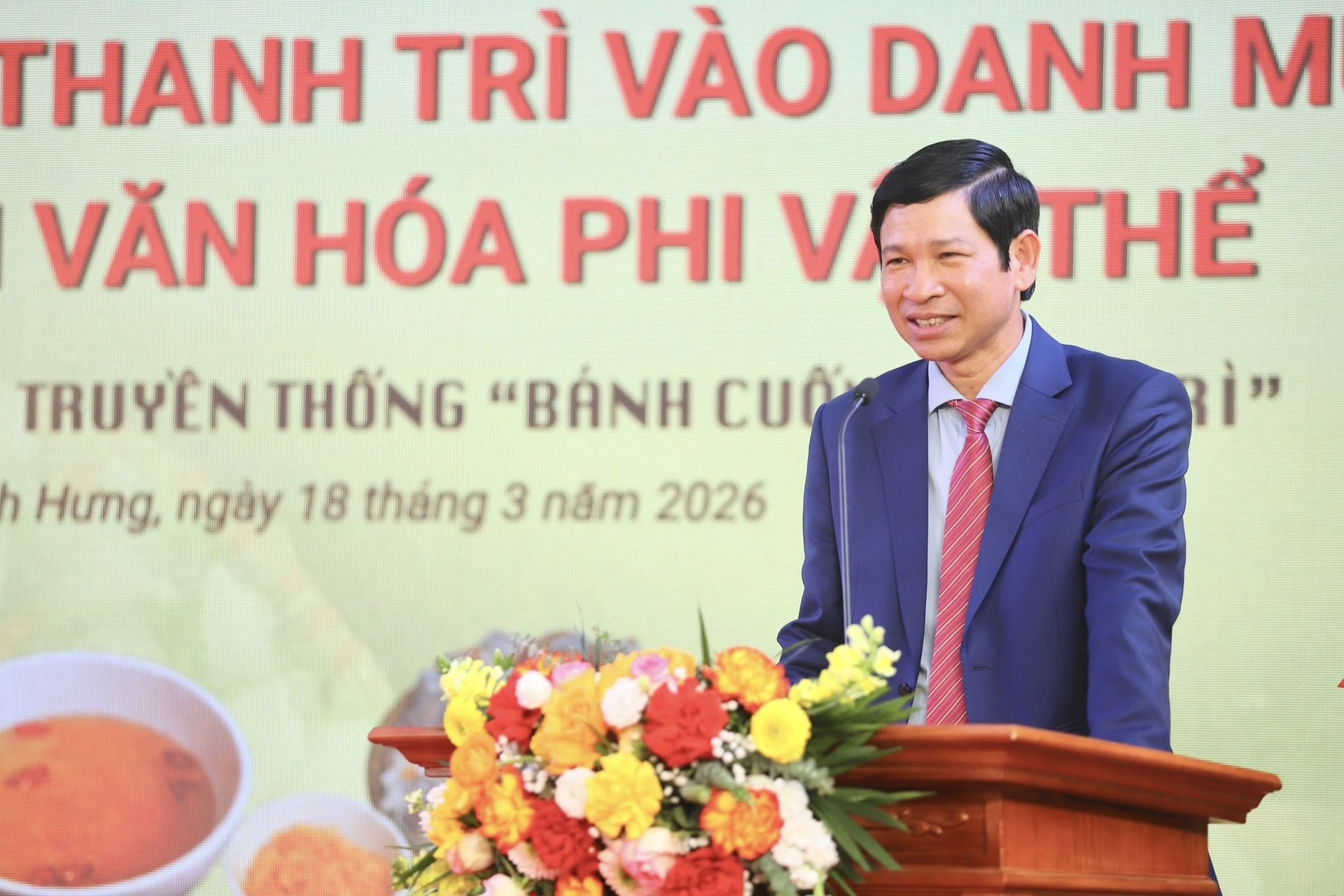 Thứ trưởng Bộ Văn hóa, Thể thao và Du lịch Hồ An Phong phát biểu tại Lễ công bố Quyết định ghi danh Nghề làm bánh cuốn Thanh Trì vào danh mục quốc gia về Di sản văn hóa phi vật thể (Ảnh: Cổng thông tin điện tử Bộ VH TTDL)