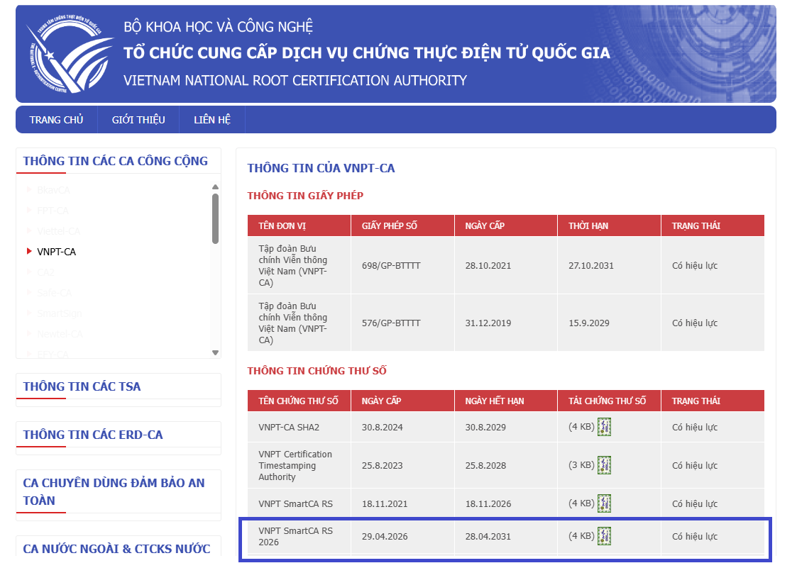 Công bố chứng thư số của VNPT SmartCA tại trang thông tin điện tử httpsrootca.gov.vn.