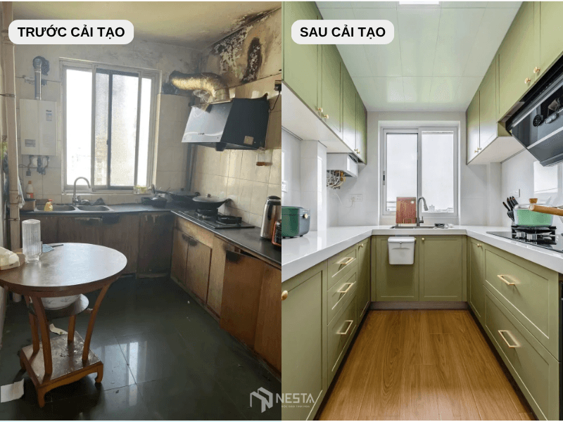 Trước và sau cải tạo phòng bếp - dự án do Nesta thực hiện