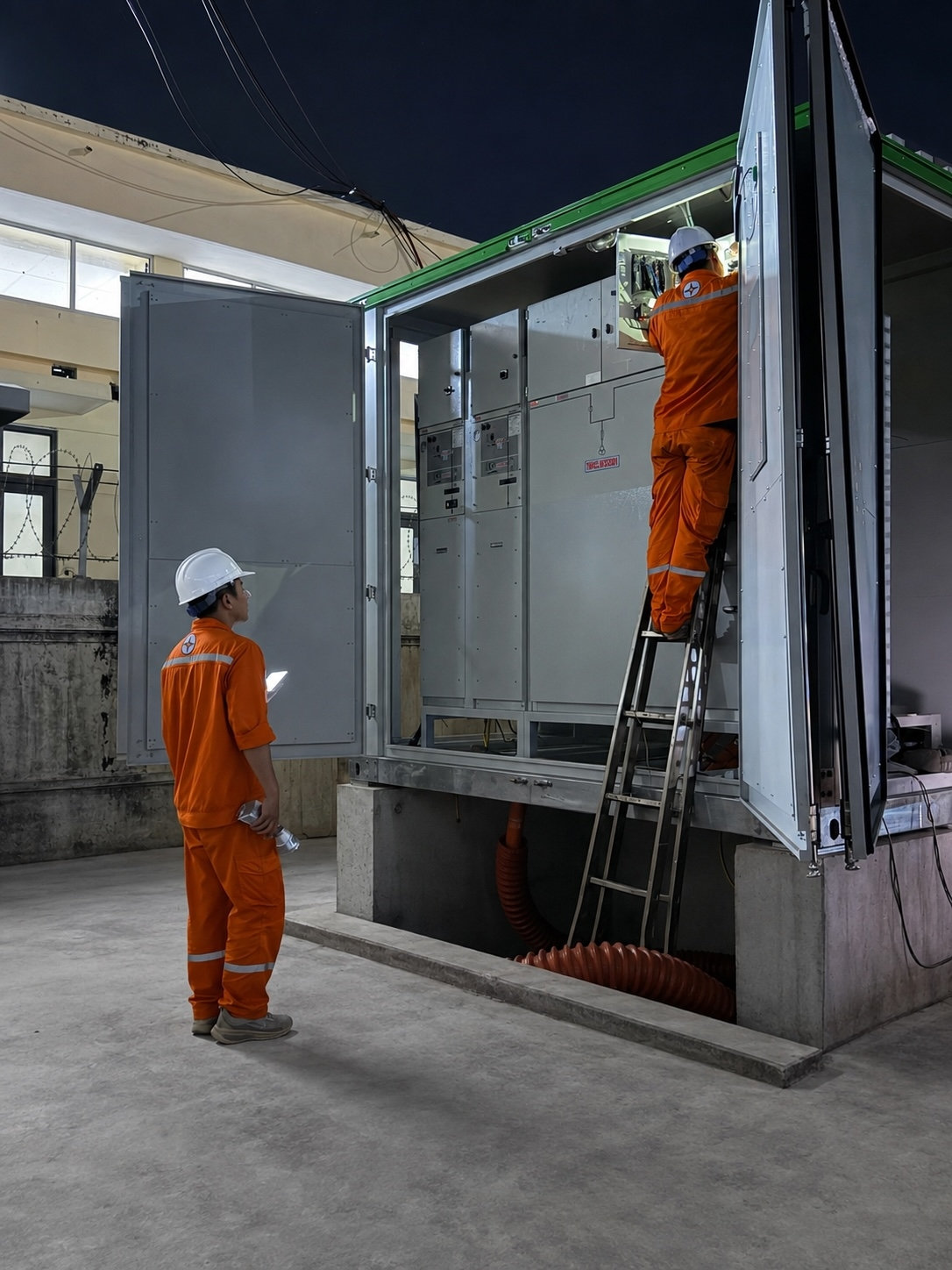 Đội ngũ kỹ thuật kiểm tra, hiệu chỉnh thiết bị và xác nhận các điều kiện kỹ thuật của hệ thống BESS trước khi đóng điện đưa vào vận hành tại TBA 110kV Song Khê (E7.12)