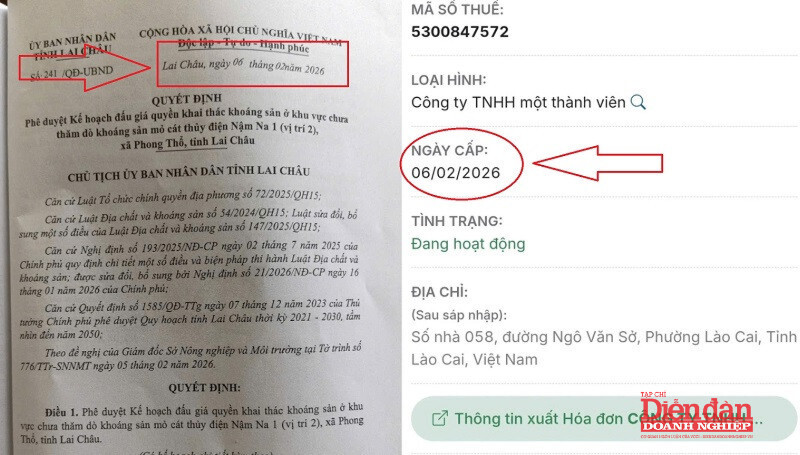 Công ty TNHH MTV thương mại dịch vụ tổng hợp Ánh Dương 85 mới đăng ký hoạt động ngày 06/02/2026, cùng ngày với Kế hoạch đấu giá quyền khai thác khoáng sản tại mỏ cát thuỷ điện Nậm Na 1 (vị trí 2) được phê duyệt theo Quyết định số 241/QĐ-UBND của UBND tỉnh Lai Châu. Ảnh: Nguyễn Giang