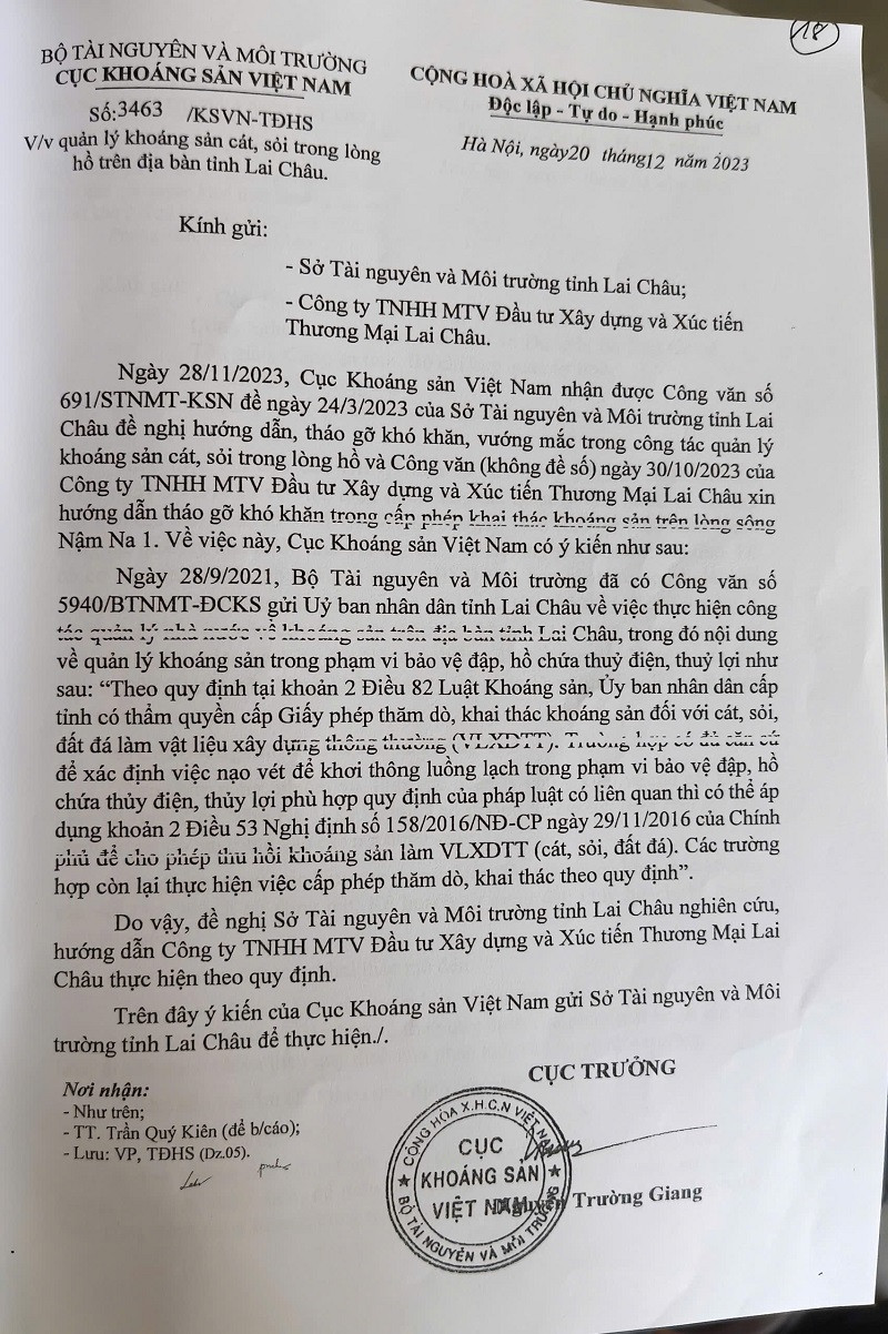 Công văn số 3463/KSVN-TĐHS hướng dẫn tháo gỡ khó khăn, vướng mắc của Cục Khoáng sản, Bộ Tài Nguyên và Môi trường ngày 20/12/2023. Ảnh: Nguyễn Giang