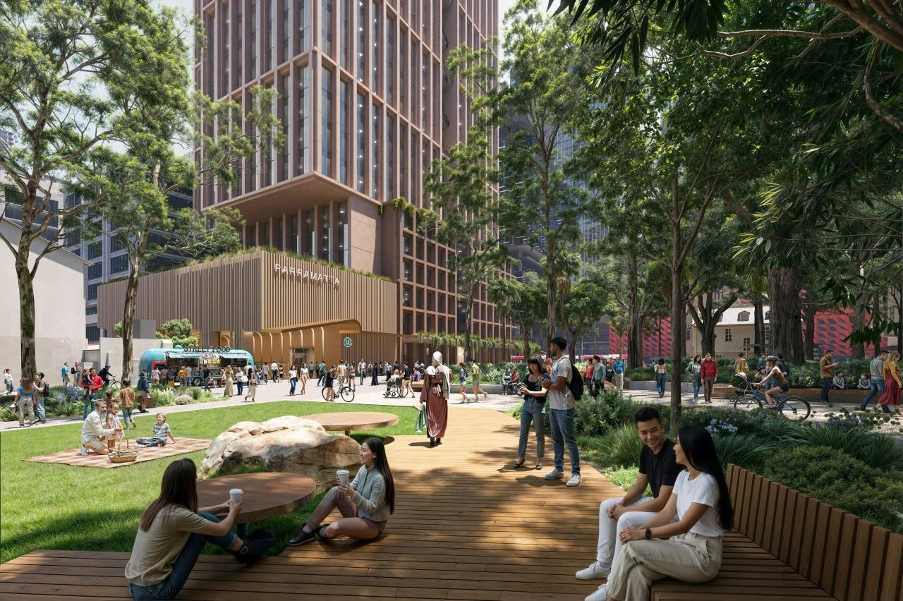 Phối cảnh bên trong và bên ngoài nhà ga tích hợp Parramatta, dự án metro thứ 3 tại Sydney do Tập đoàn Gamuda xây dựng.