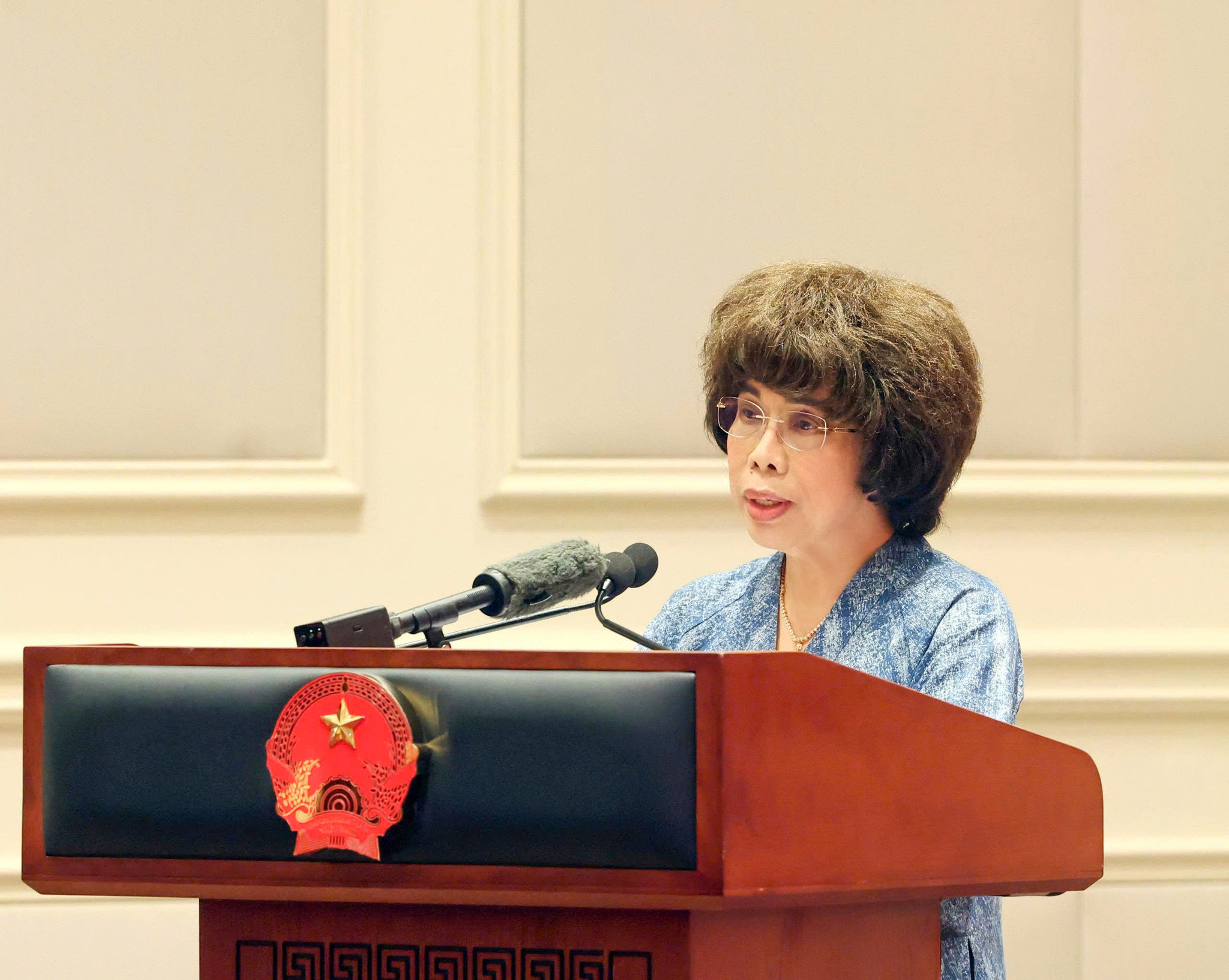 Anh hùng Lao động Thái Hương thay mặt cộng đồng doanh nghiệp Việt Nam phát biểu tại buổi tiếp kiến Tổng Bí thư, Chủ tịch nước Tô Lâm