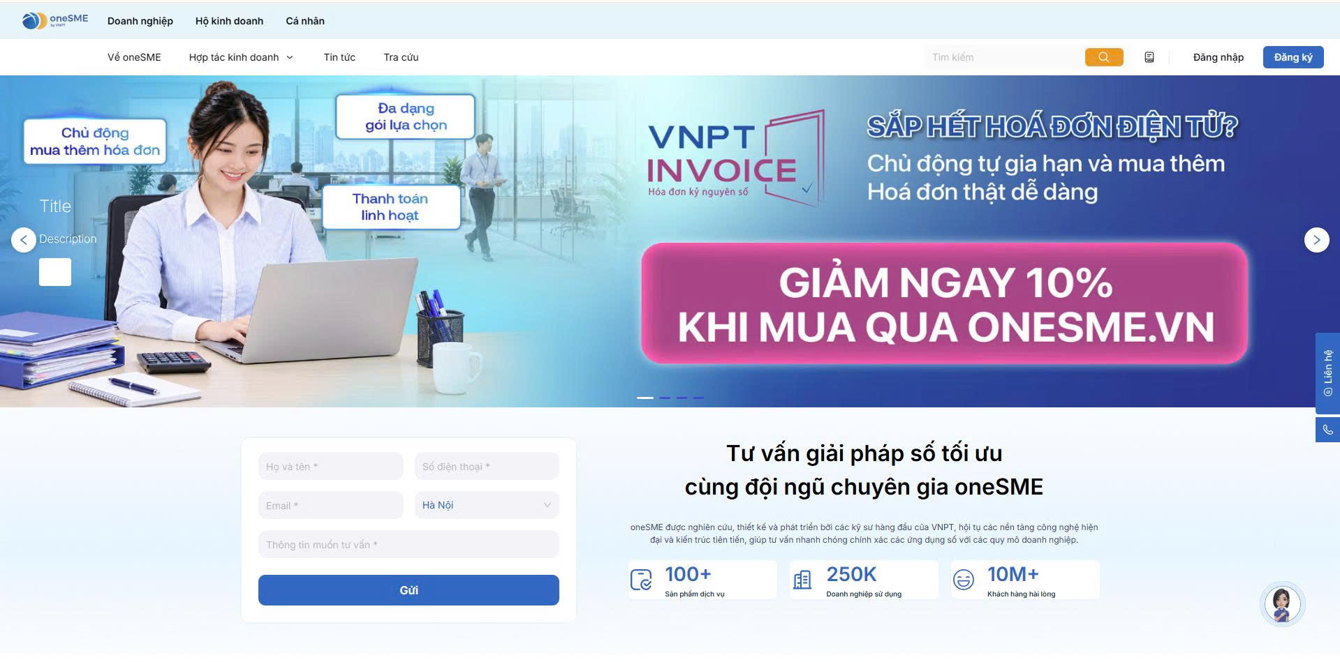 Để sử dụng tính năng, doanh nghiệp truy cập OneSME.vn, đăng nhập tài khoản và tìm đến dịch vụ Hóa đơn điện tử VNPT Invoice.