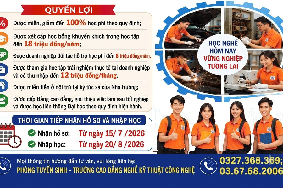 Trường Cao đẳng Nghề Kỹ thuật Công nghệ thông báo tuyển sinh cao đẳng năm 2026